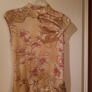 Sharagano Oriental Style Tan/Pink Sleeveless Blouse